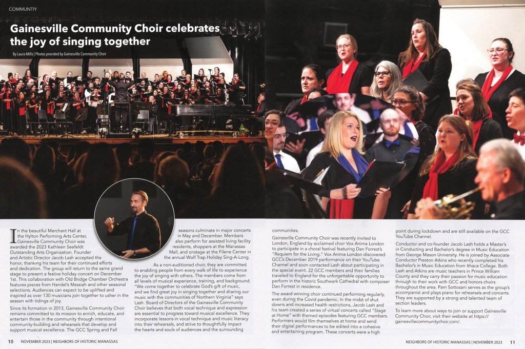 Article from Neighbors of Historic Manassas about Gainesville Community Choir, published November 2023 written by Laura Mills of Manassas Marketing
